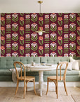 Bohemian Daisy Oxblood retro floral wallpaper as a feature wall in a sunlit breakfast nook