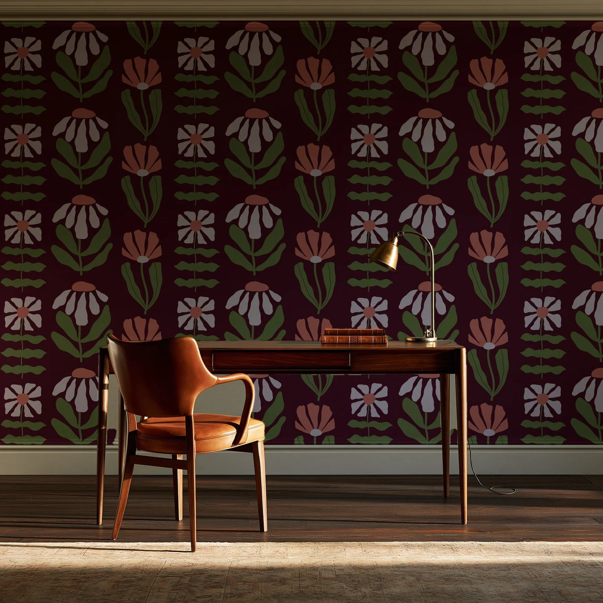 Bohemian Daisy Oxblood retro floral wallpaper as a feature wall in a home study