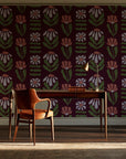 Bohemian Daisy Oxblood retro floral wallpaper as a feature wall in a home study