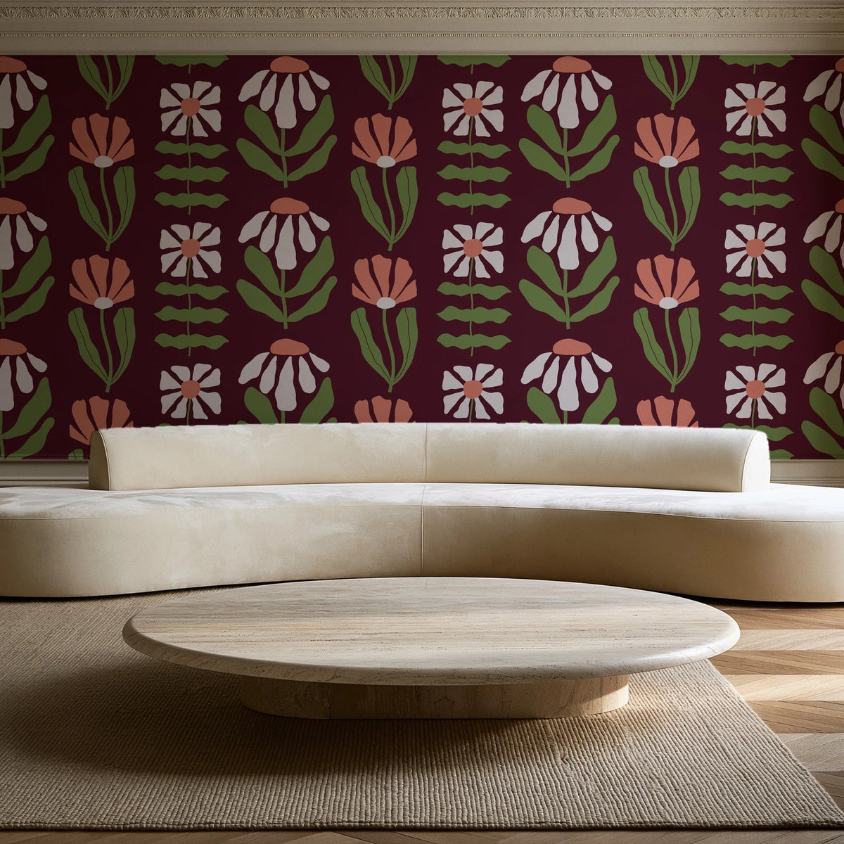 Bohemian Daisy Oxblood retro floral wallpaper in an elegant living room