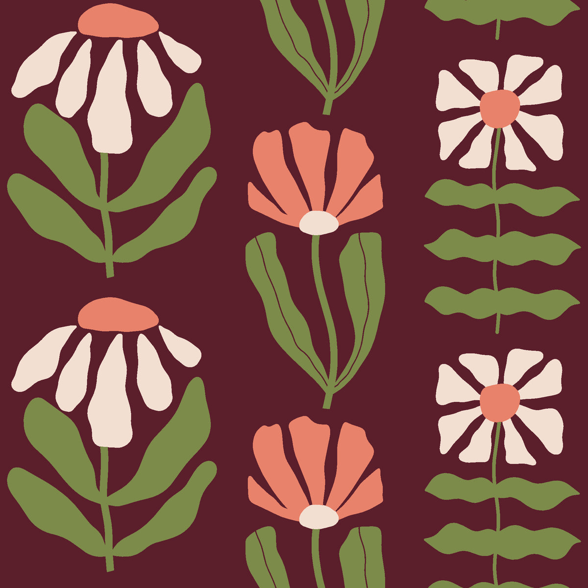 Bohemian Daisy Oxblood retro floral wallpaper in oxblood, coral and blush