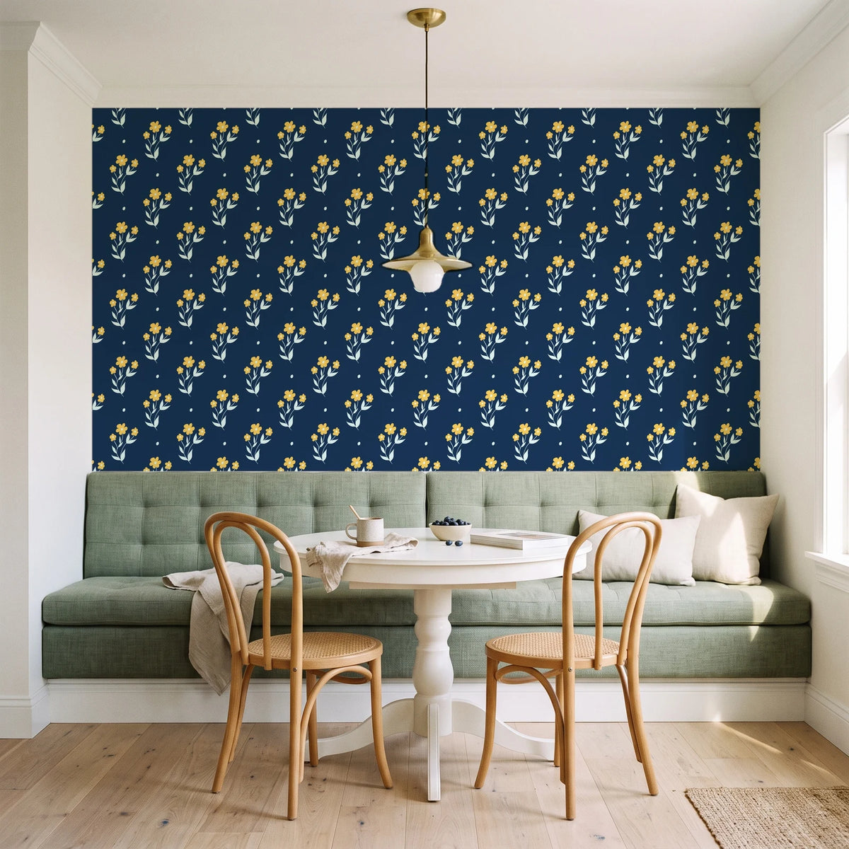 Buttercup Meadow Midnight floral sprig wallpaper as a feature wall in a sunlit breakfast nook