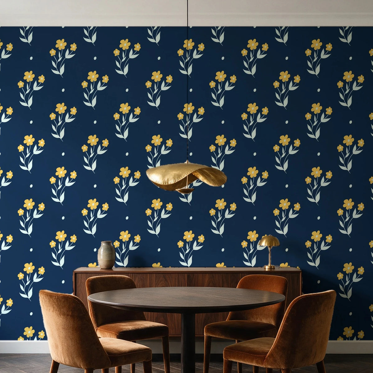 Buttercup Meadow Midnight floral sprig wallpaper behind a walnut credenza and round table in an elegant dining room