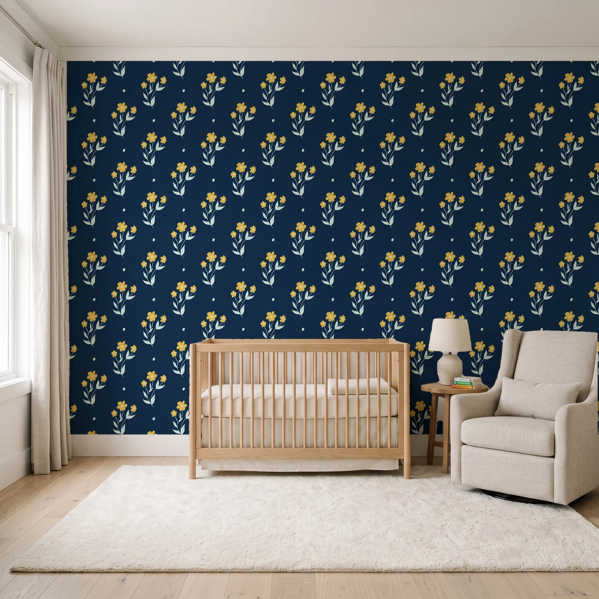 Buttercup Meadow Midnight floral sprig wallpaper in a calm, light-filled nursery