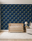 Buttercup Meadow Midnight floral sprig wallpaper in a calm, light-filled nursery