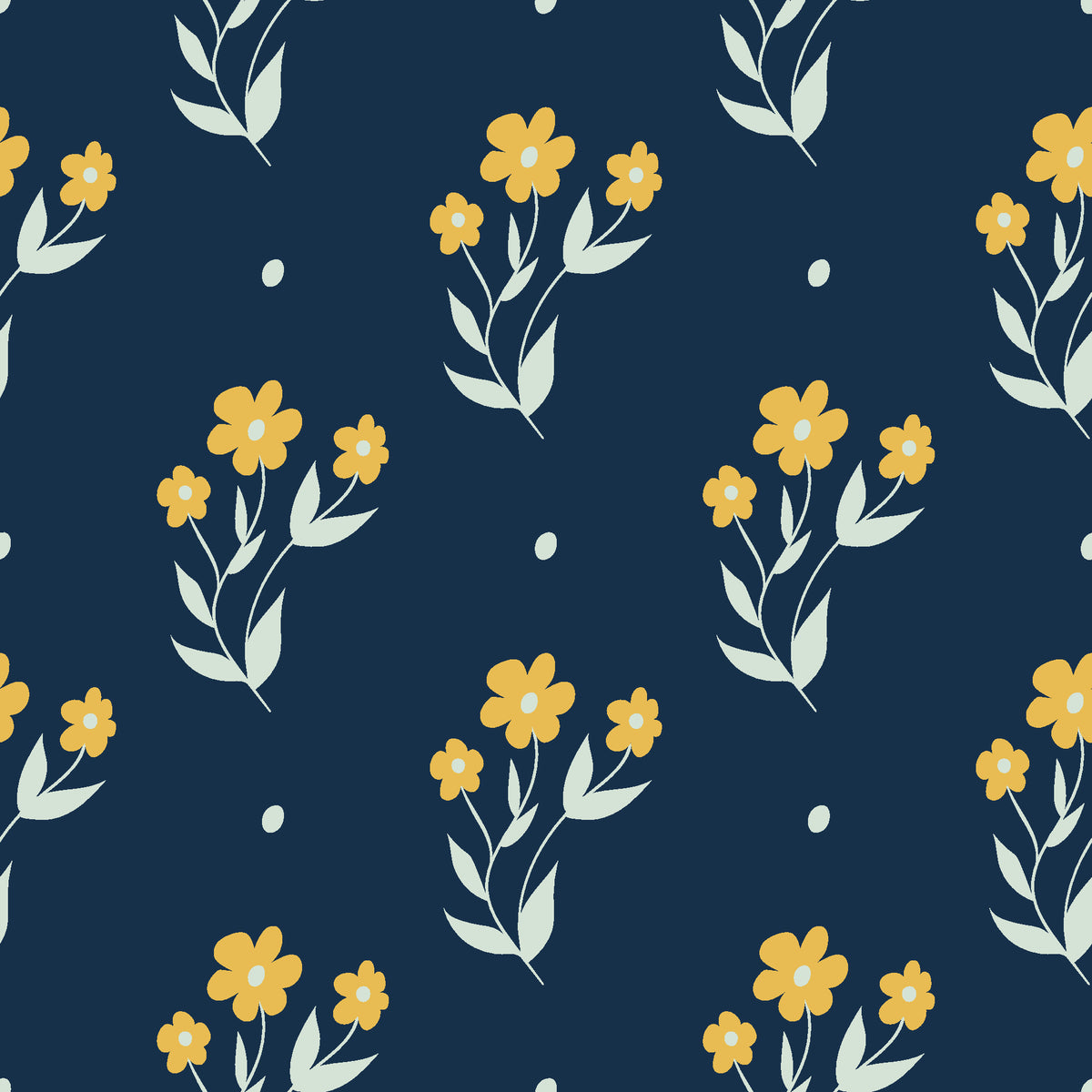 Buttercup Meadow Midnight floral sprig wallpaper in midnight navy and marigold