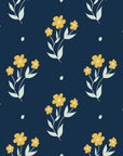 Buttercup Meadow Midnight floral sprig wallpaper in midnight navy and marigold