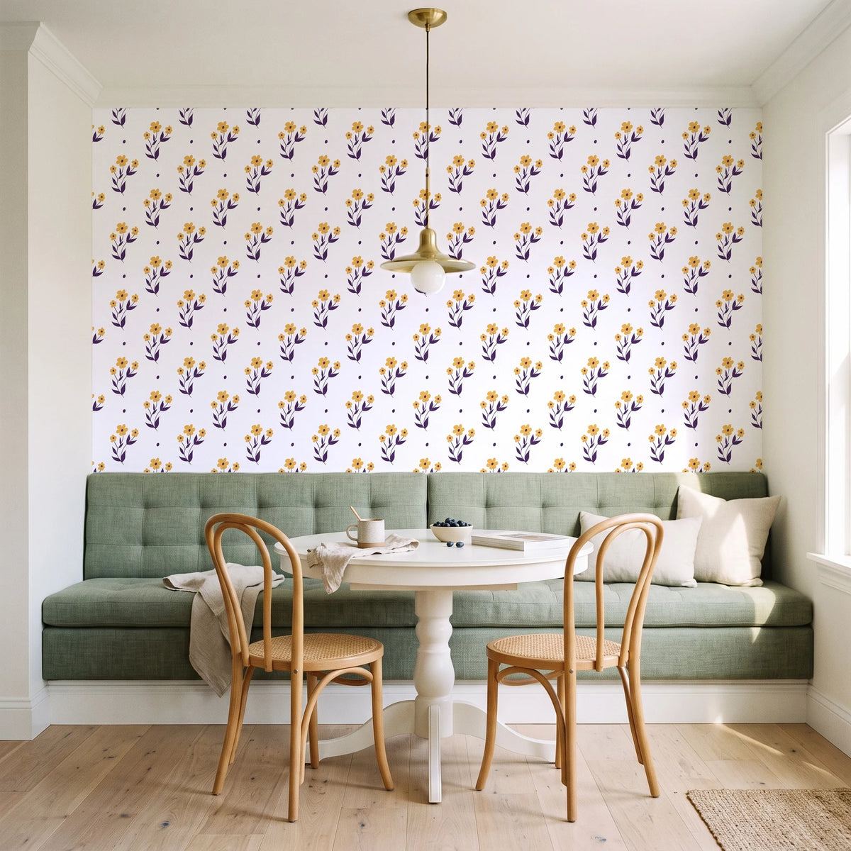 Buttercup Meadow Plum floral sprig wallpaper as a feature wall in a sunlit breakfast nook