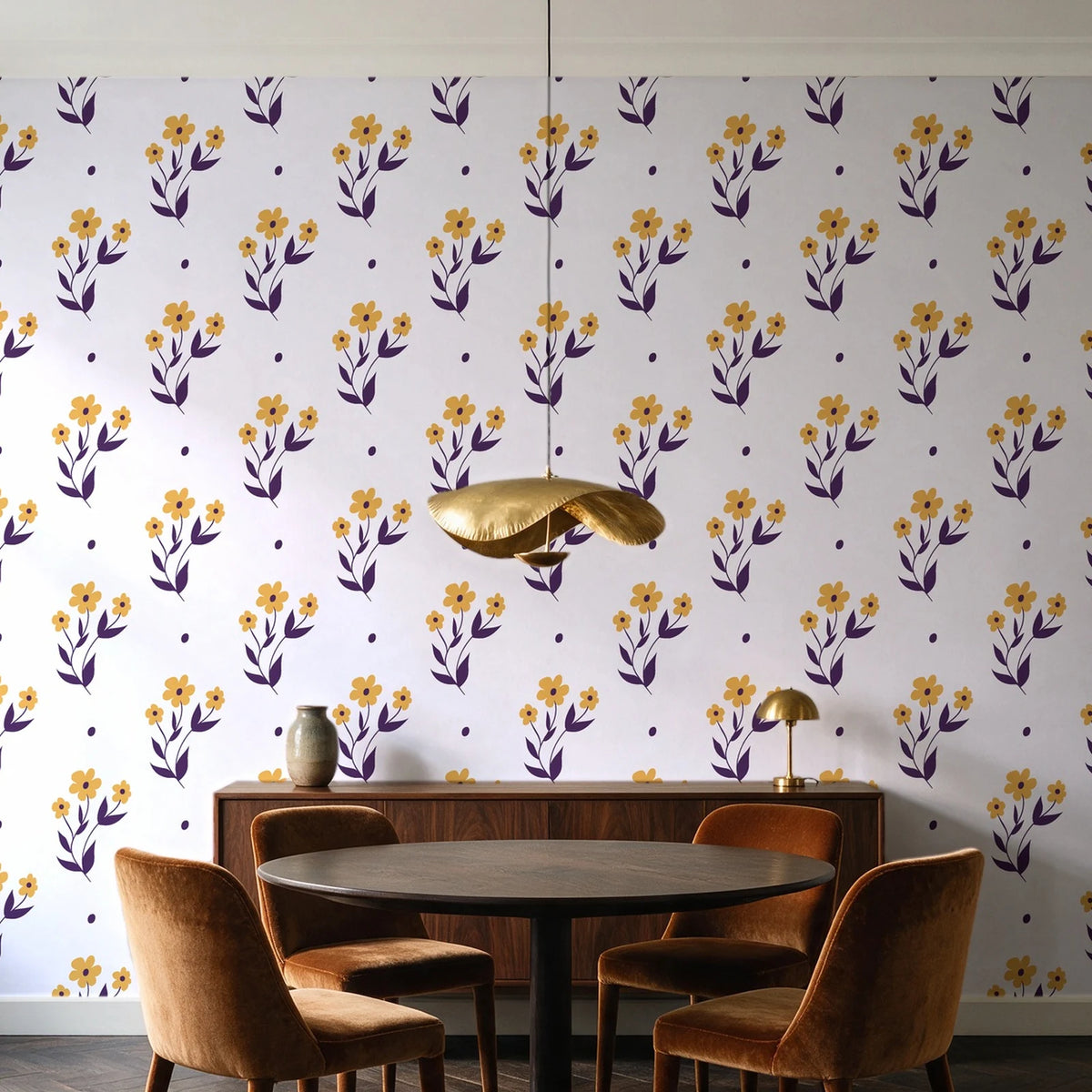 Buttercup Meadow Plum floral sprig wallpaper behind a walnut credenza and round table in an elegant dining room