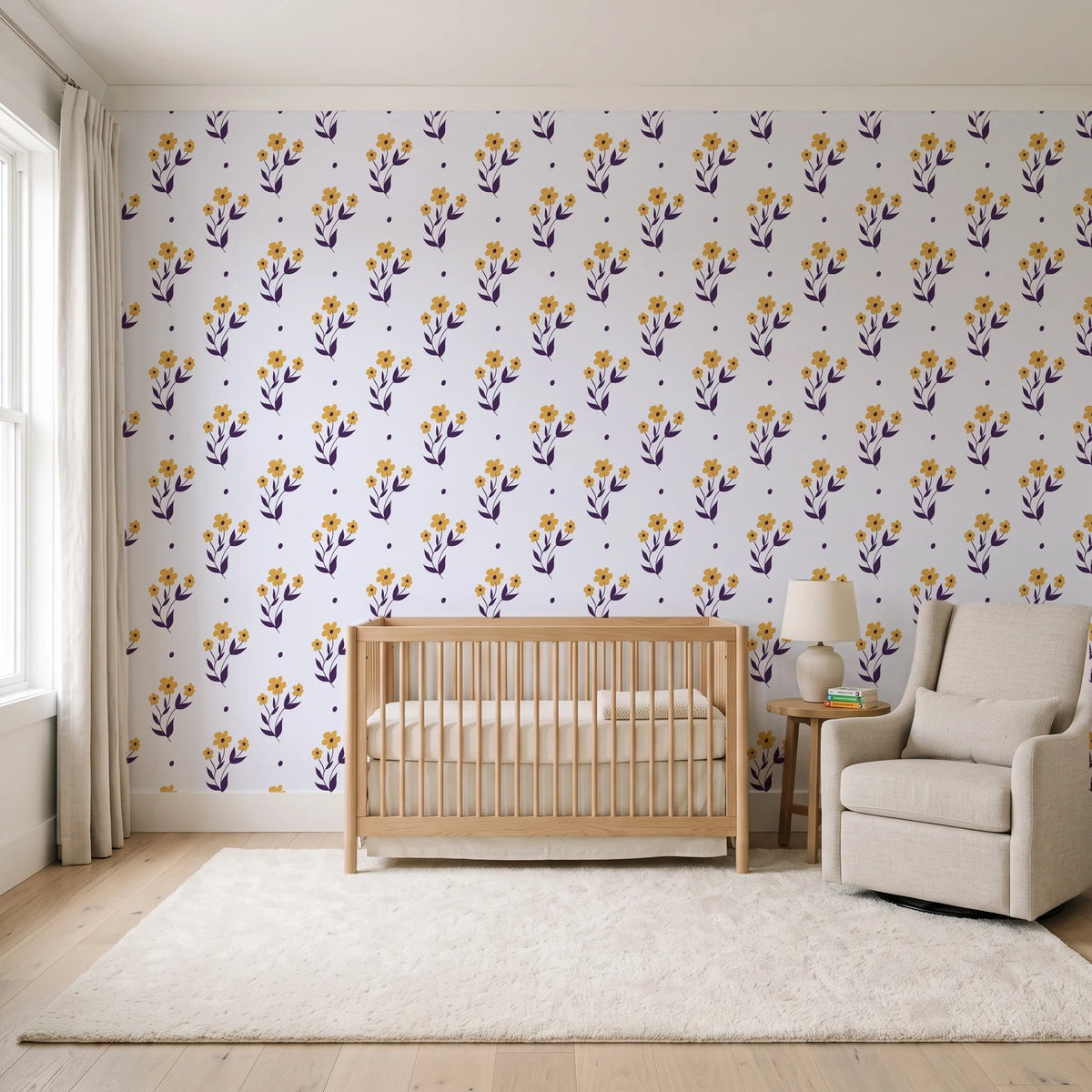 Buttercup Meadow Plum floral sprig wallpaper in a calm, light-filled nursery