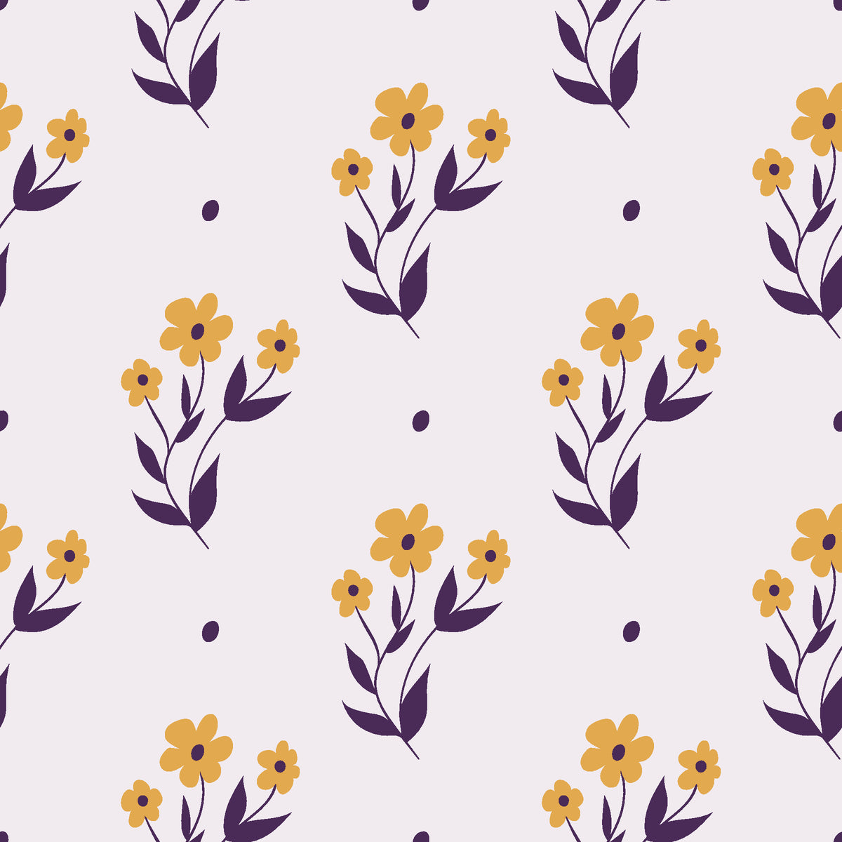 Buttercup Meadow Plum floral sprig wallpaper in plum and gold
