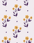 Buttercup Meadow Plum floral sprig wallpaper in plum and gold