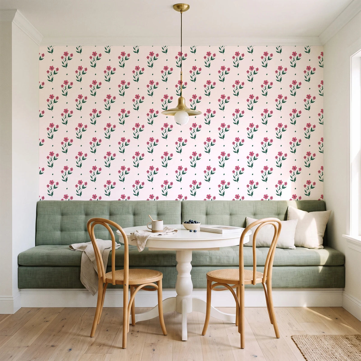 Buttercup Meadow Rose floral sprig wallpaper as a feature wall in a sunlit breakfast nook