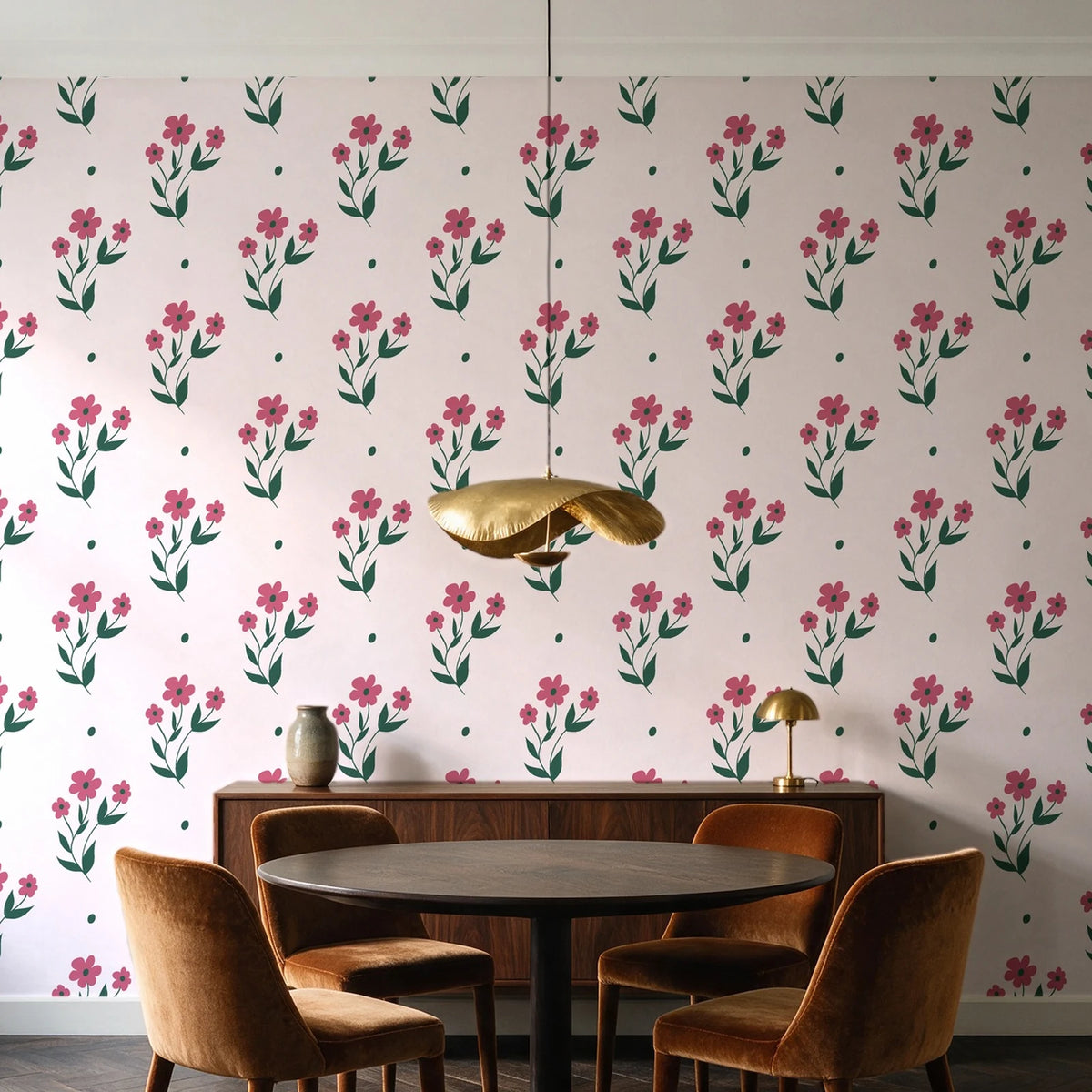 Buttercup Meadow Rose floral sprig wallpaper behind a walnut credenza and round table in an elegant dining room