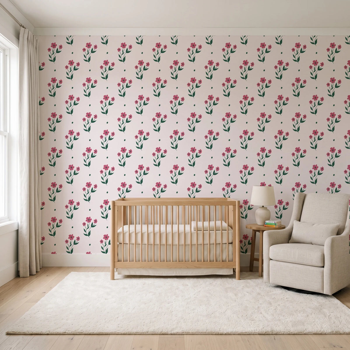 Buttercup Meadow Rose floral sprig wallpaper in a calm, light-filled nursery