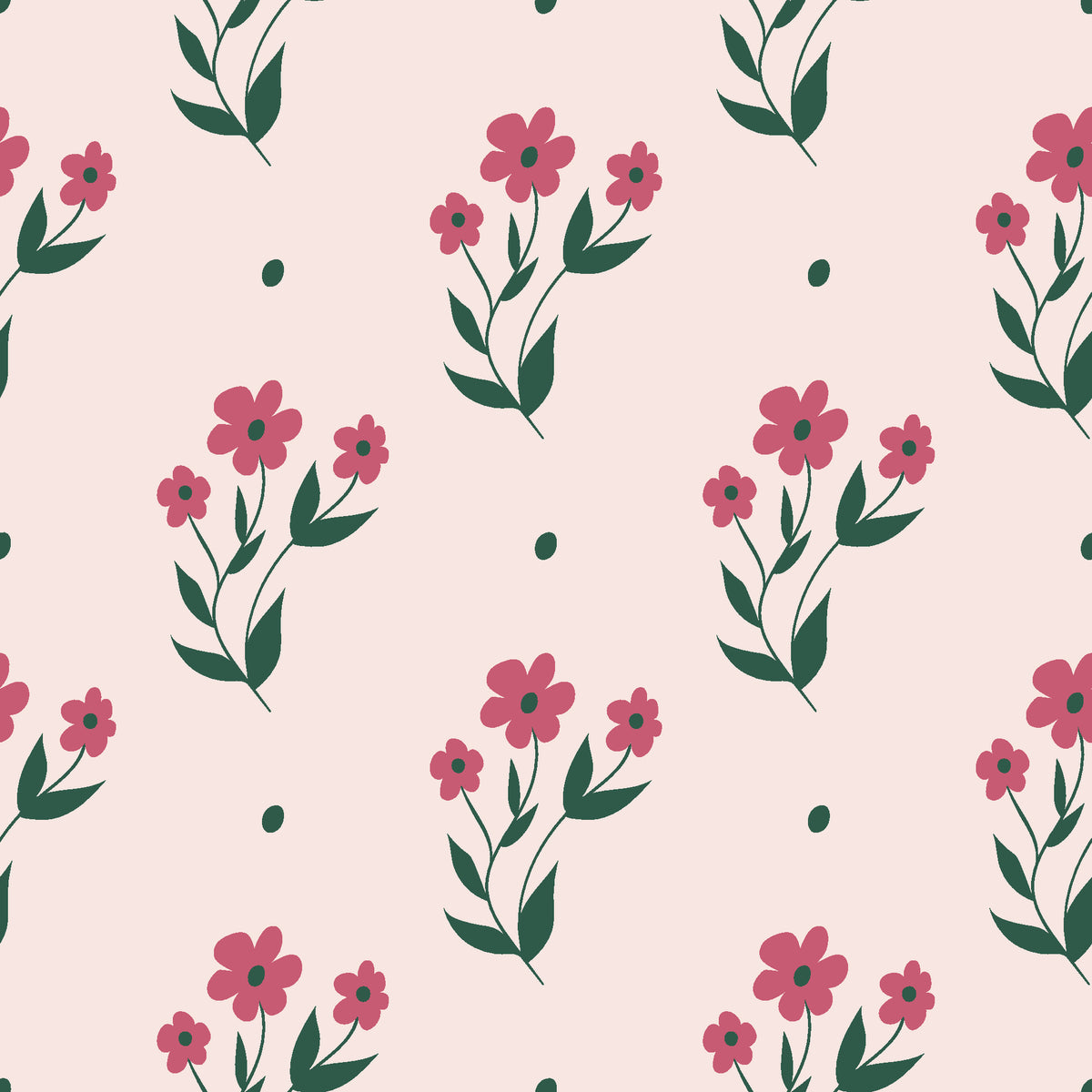 Buttercup Meadow Rose floral sprig wallpaper in rose pink and blush