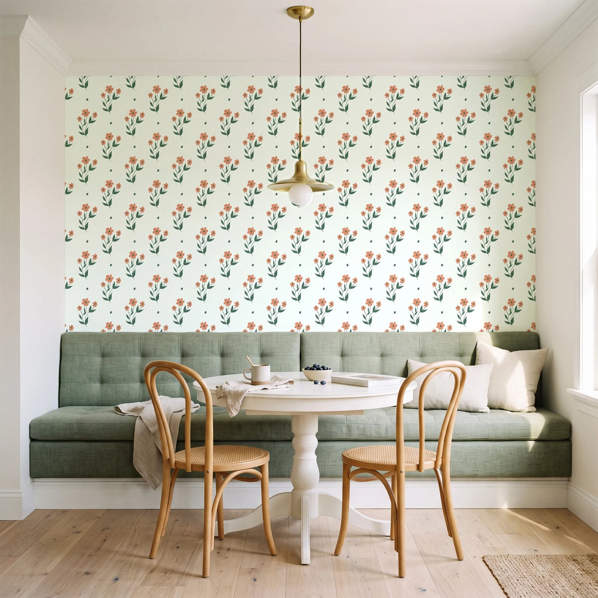 Buttercup Meadow Sage floral sprig wallpaper as a feature wall in a sunlit breakfast nook