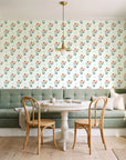 Buttercup Meadow Sage floral sprig wallpaper as a feature wall in a sunlit breakfast nook