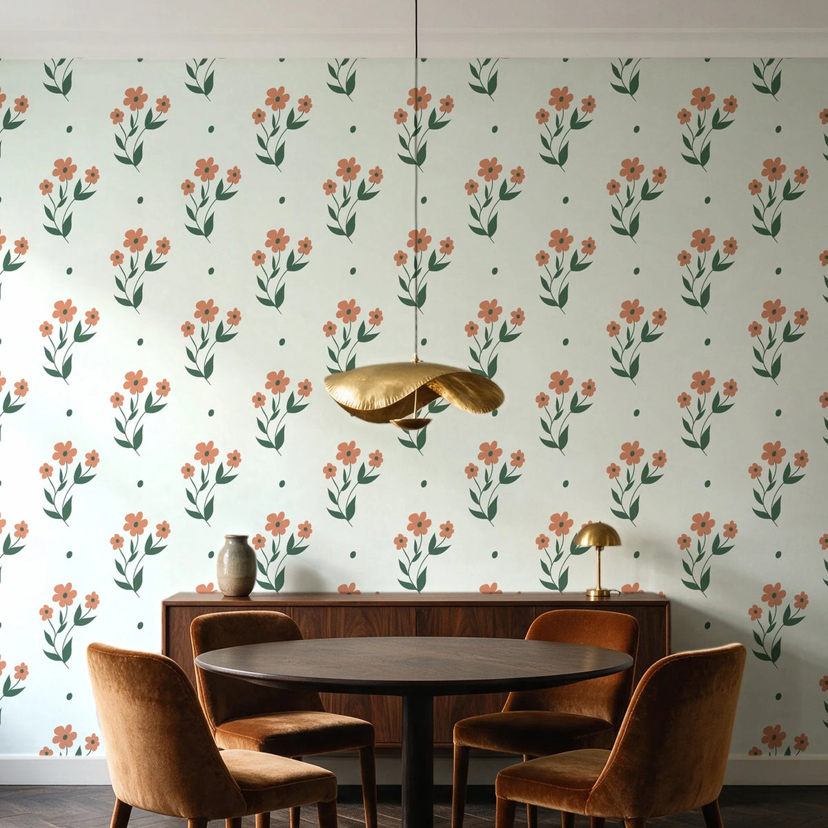 Buttercup Meadow Sage floral sprig wallpaper behind a walnut credenza and round table in an elegant dining room