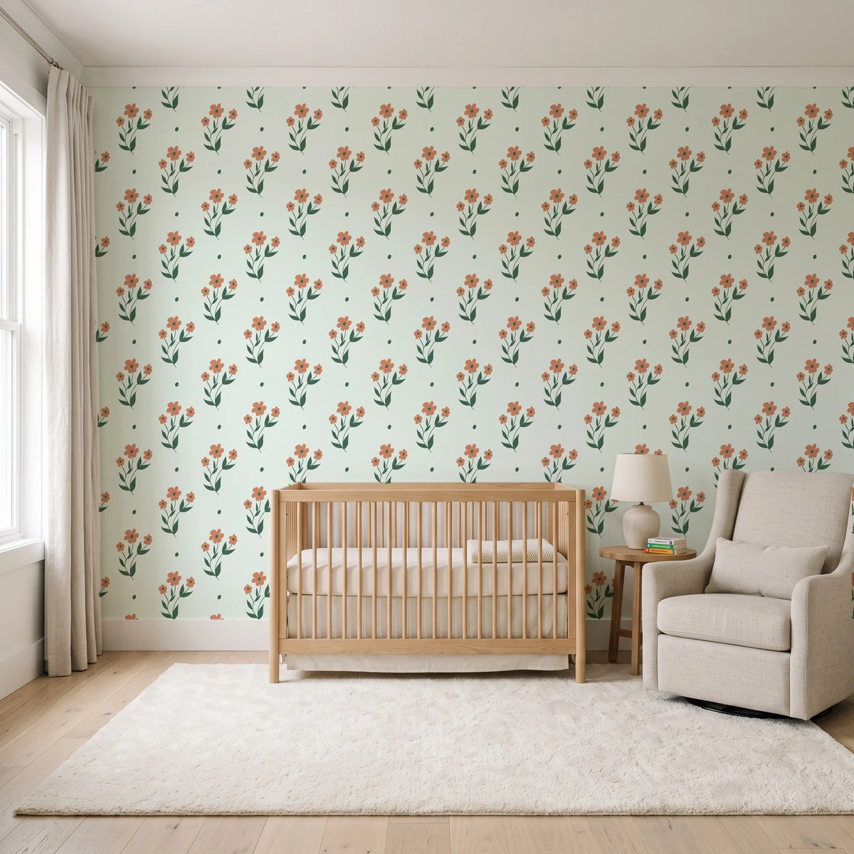 Buttercup Meadow Sage floral sprig wallpaper in a calm, light-filled nursery