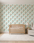 Buttercup Meadow Sage floral sprig wallpaper in a calm, light-filled nursery