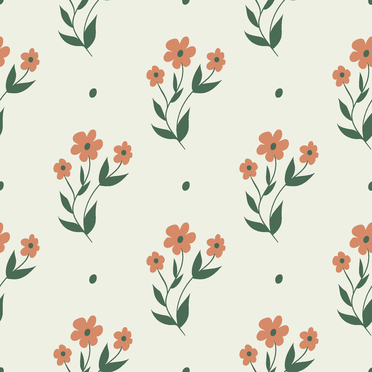 Buttercup Meadow Sage floral sprig wallpaper in sage green and apricot