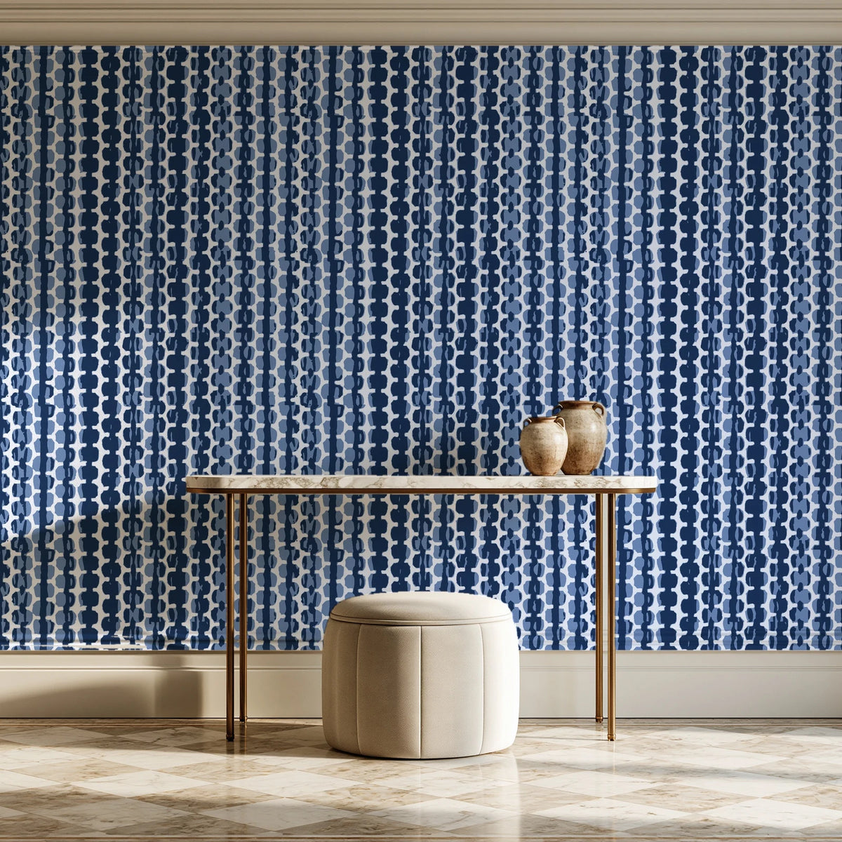 Cactus Lane Navy abstract stripe wallpaper on the wall of a grand entry foyer