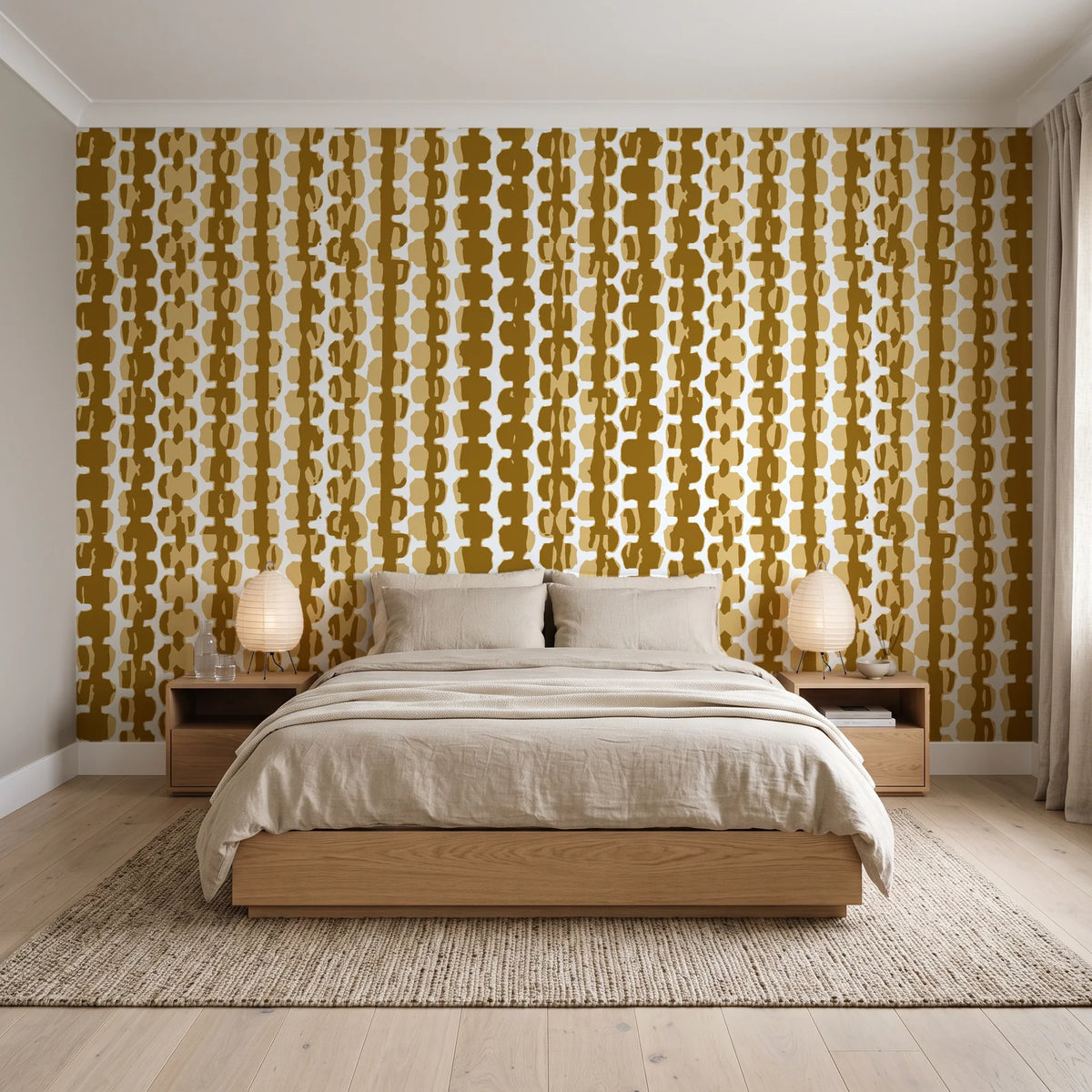 Cactus Lane Ochre abstract stripe wallpaper behind a low platform bed in a serene Japandi bedroom