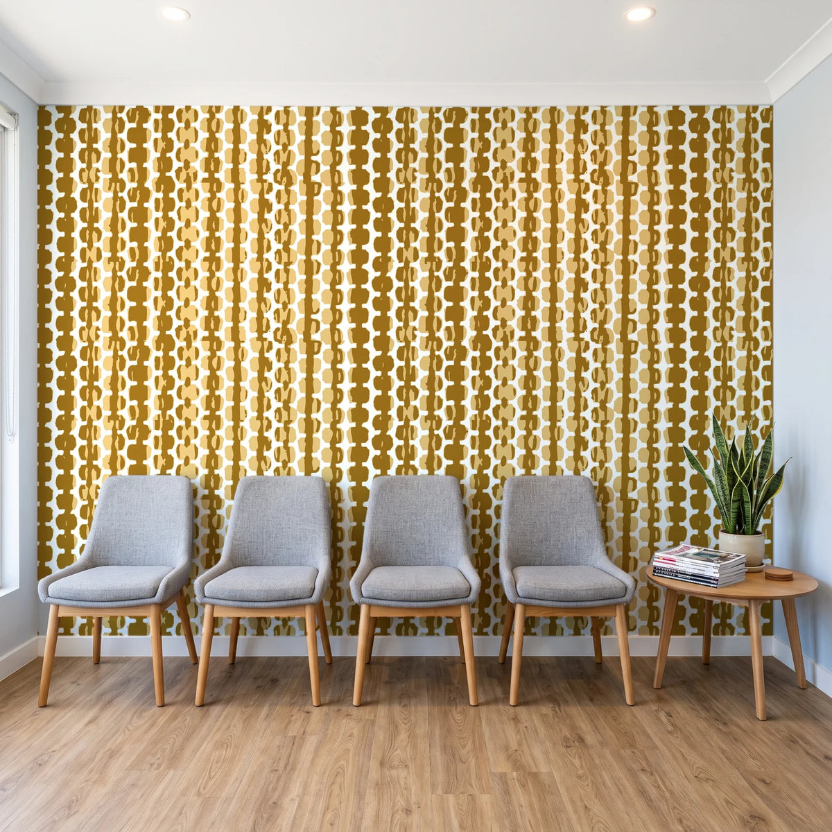 Cactus Lane Ochre abstract stripe wallpaper behind a row of upholstered chairs in a bright clinic waiting room