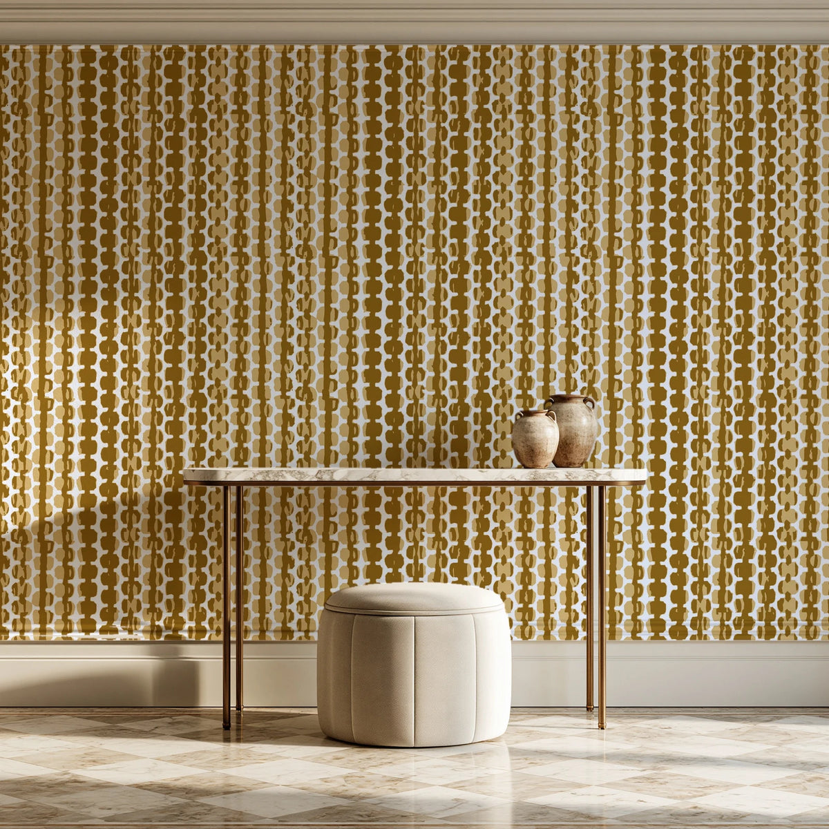 Cactus Lane Ochre abstract stripe wallpaper on the wall of a grand entry foyer