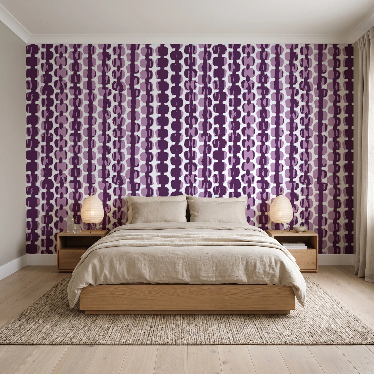 Cactus Lane Plum abstract stripe wallpaper behind a low platform bed in a serene Japandi bedroom