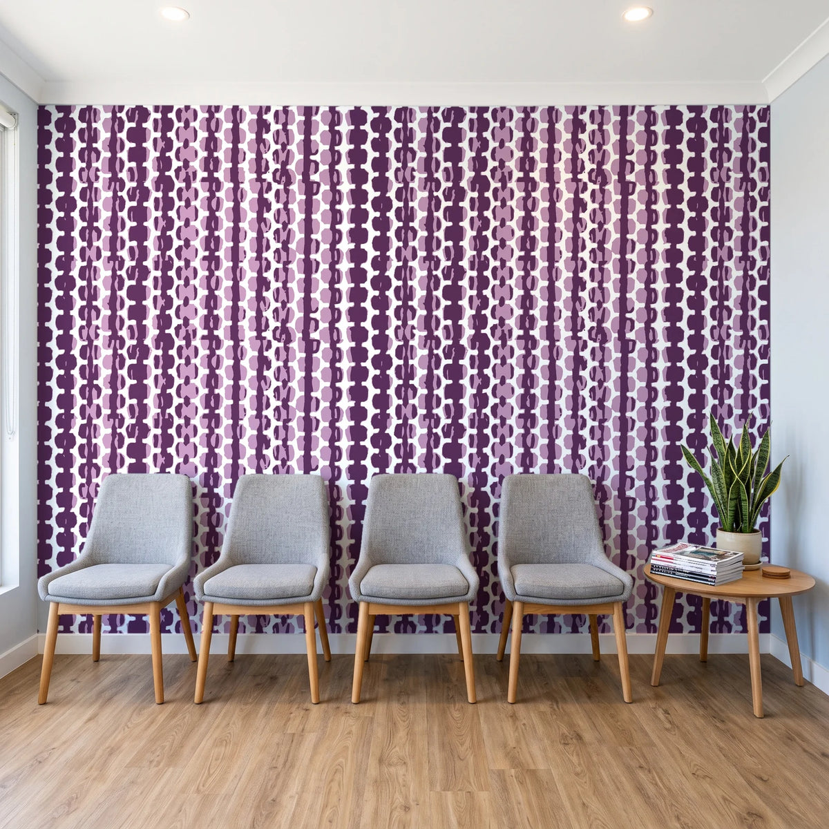 Cactus Lane Plum abstract stripe wallpaper behind a row of upholstered chairs in a bright clinic waiting room