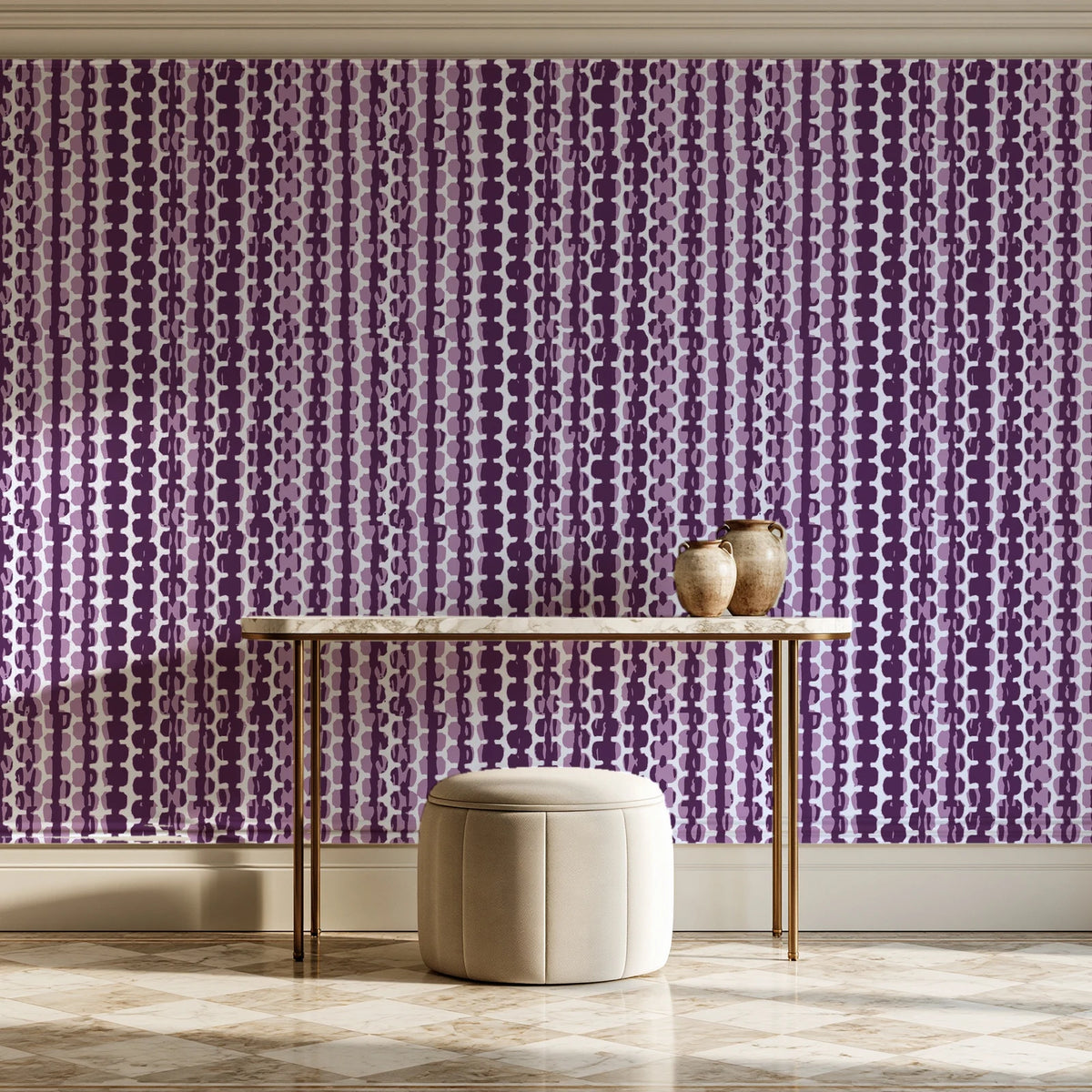 Cactus Lane Plum abstract stripe wallpaper on the wall of a grand entry foyer