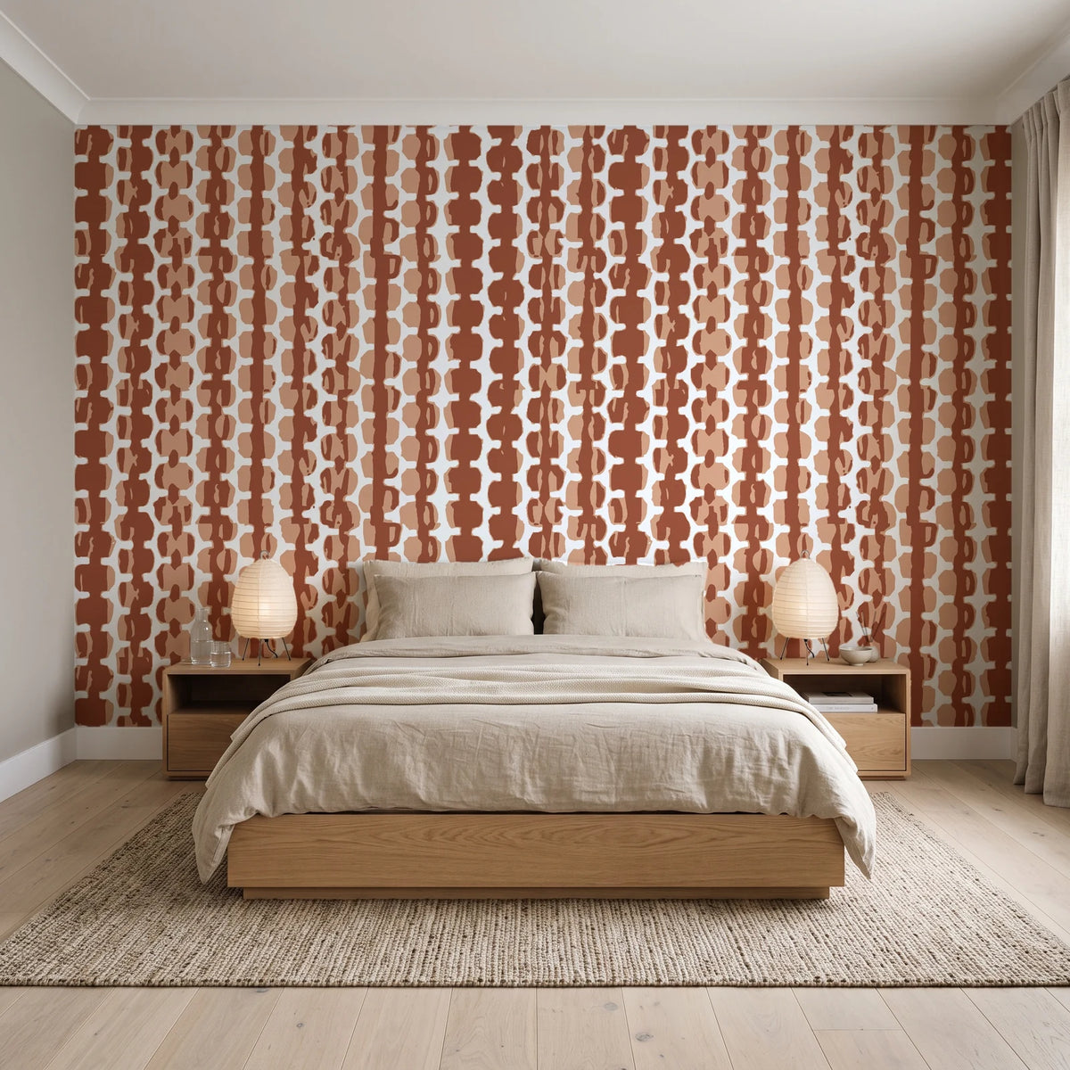 Cactus Lane Terracotta abstract stripe wallpaper behind a low platform bed in a serene Japandi bedroom
