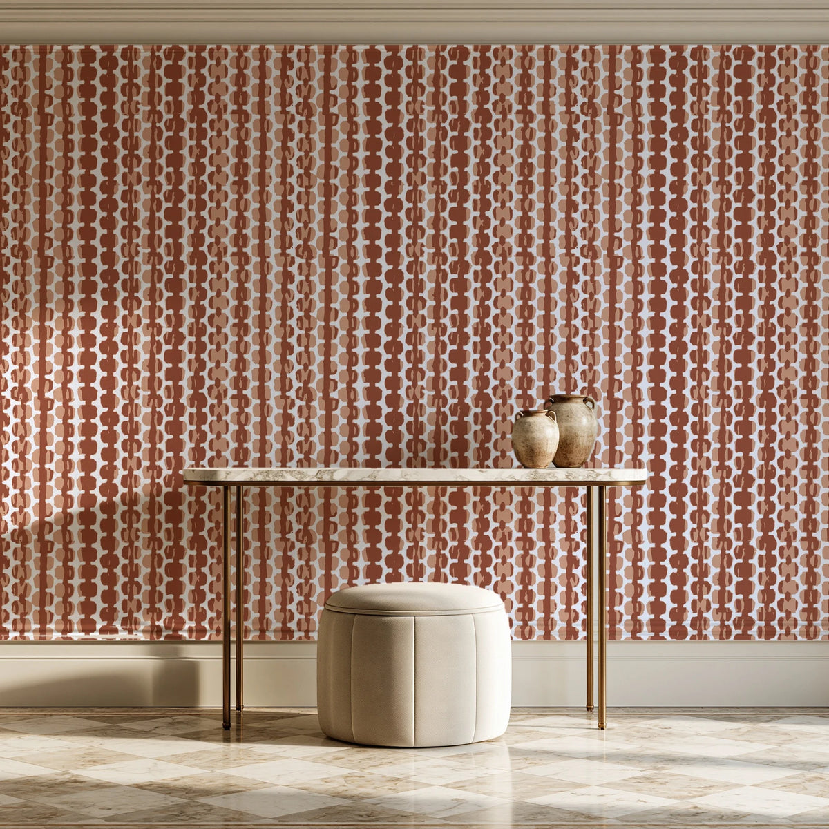 Cactus Lane Terracotta abstract stripe wallpaper on the wall of a grand entry foyer