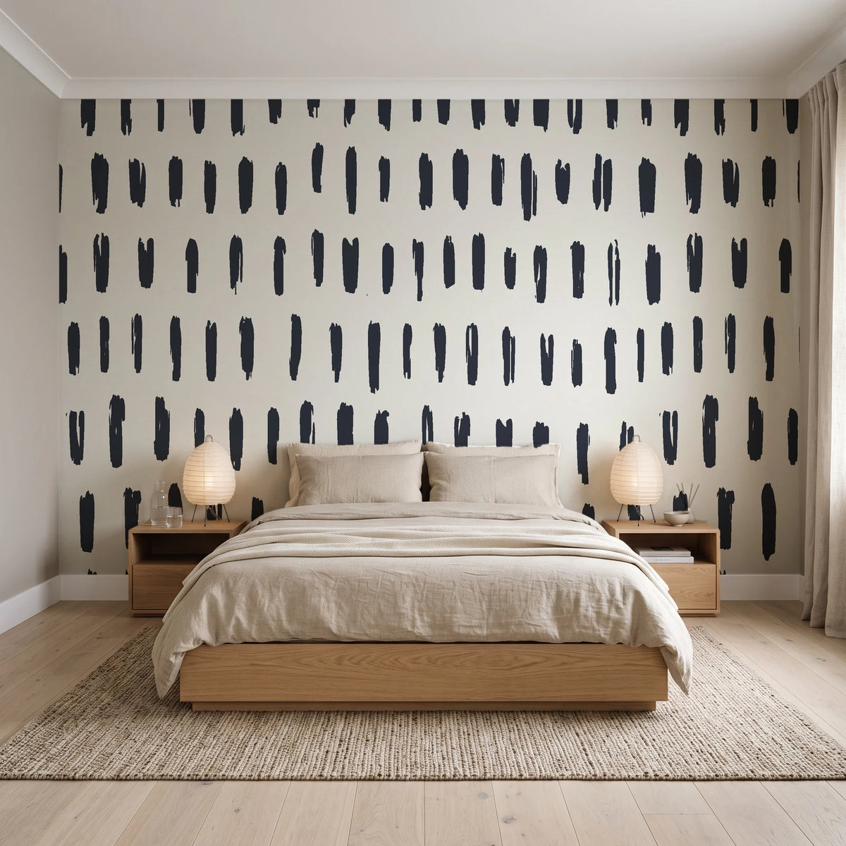 Canvas Dash Charcoal minimalist dashes wallpaper behind a low platform bed in a serene Japandi bedroom