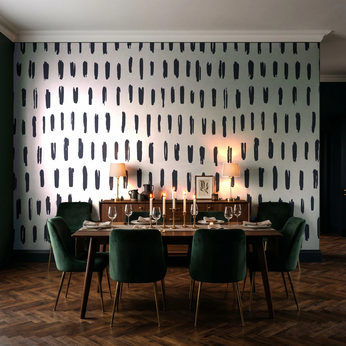 Canvas Dash Charcoal minimalist dashes wallpaper in a dark moody dining room with a candlelit table