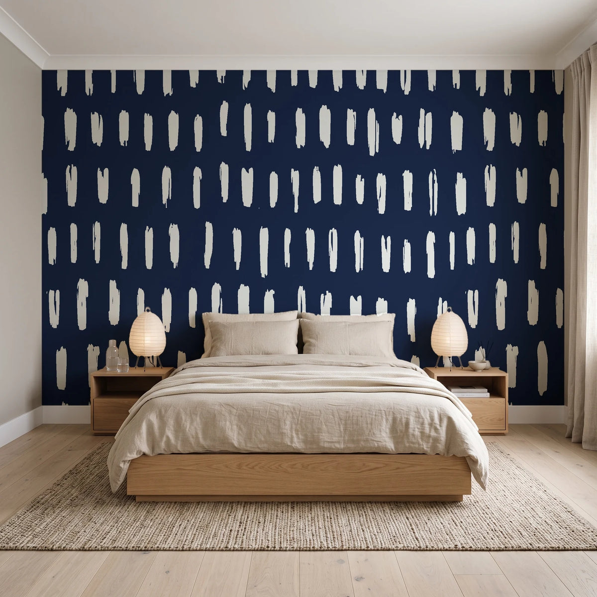 Canvas Dash Midnight minimalist dashes wallpaper behind a low platform bed in a serene Japandi bedroom