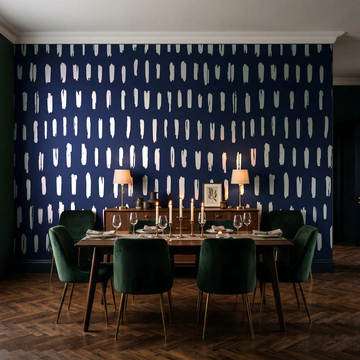Canvas Dash Midnight minimalist dashes wallpaper in a dark moody dining room with a candlelit table