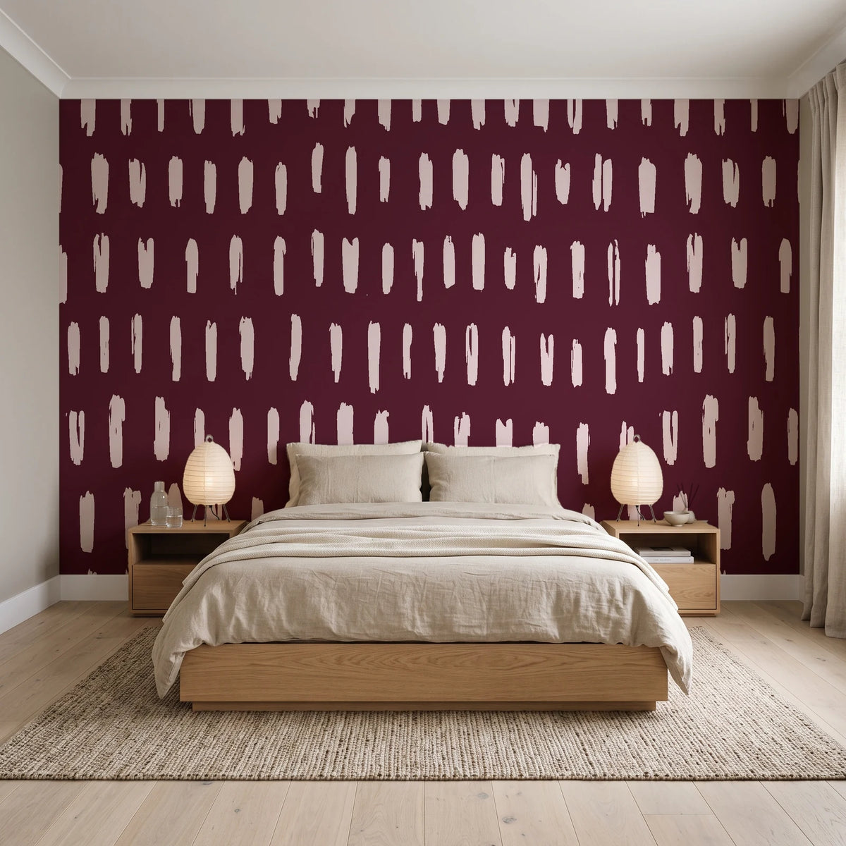 Canvas Dash Oxblood minimalist dashes wallpaper behind a low platform bed in a serene Japandi bedroom
