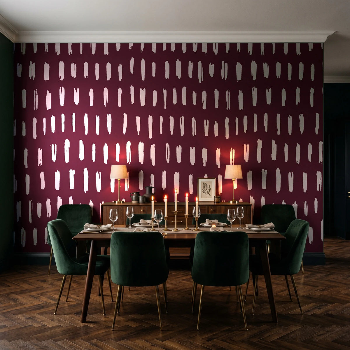 Canvas Dash Oxblood minimalist dashes wallpaper in a dark moody dining room with a candlelit table