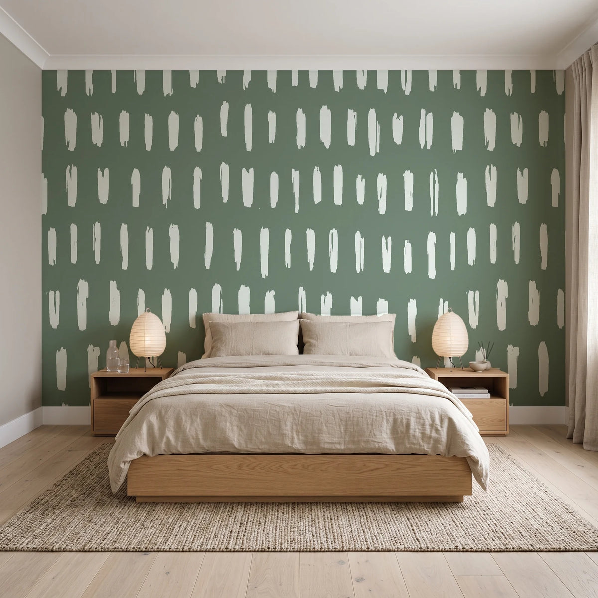 Canvas Dash Sage minimalist dashes wallpaper behind a low platform bed in a serene Japandi bedroom