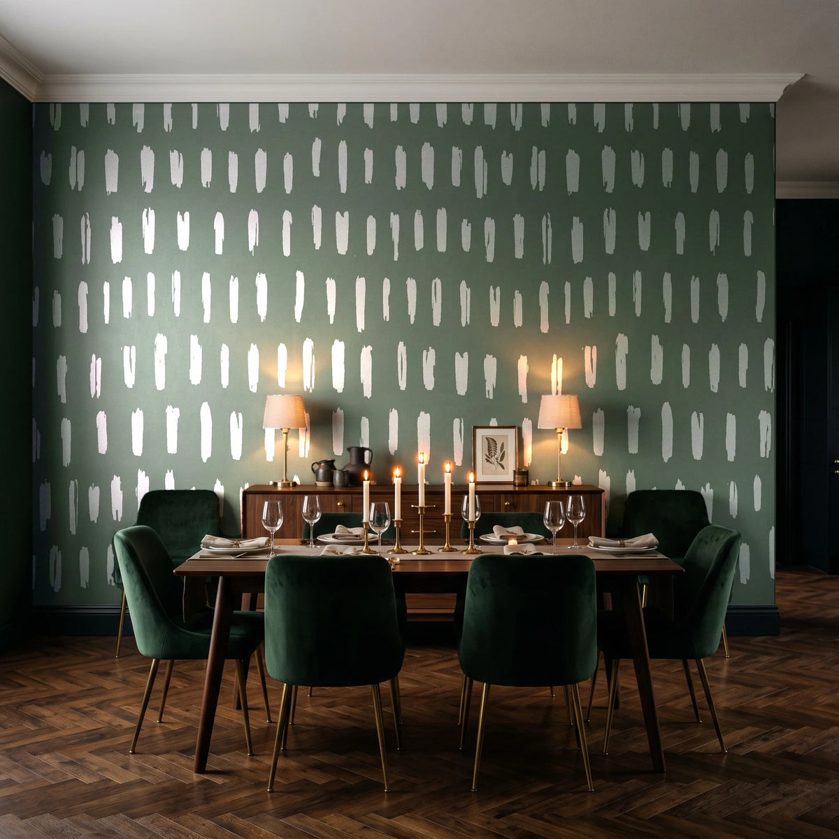 Canvas Dash Sage minimalist dashes wallpaper in a dark moody dining room with a candlelit table