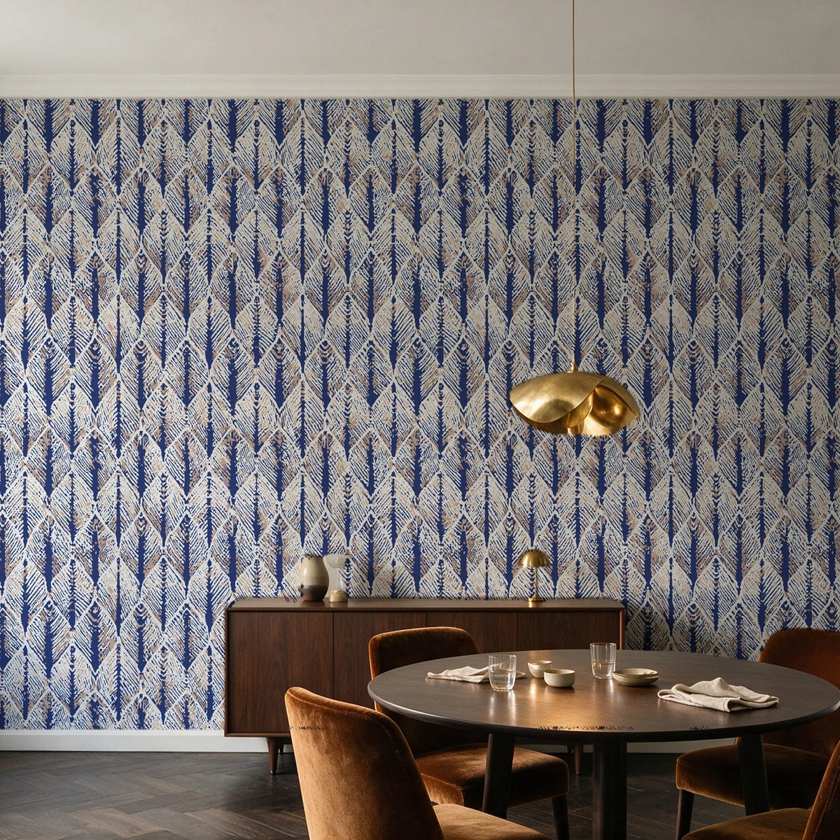 Canyon Ikat Bone geometric wallpaper in an elegant dining room