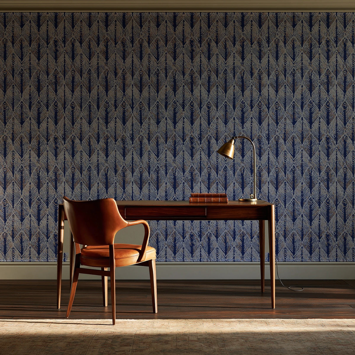 Canyon Ikat Bone geometric wallpaper as a feature wall in a home study