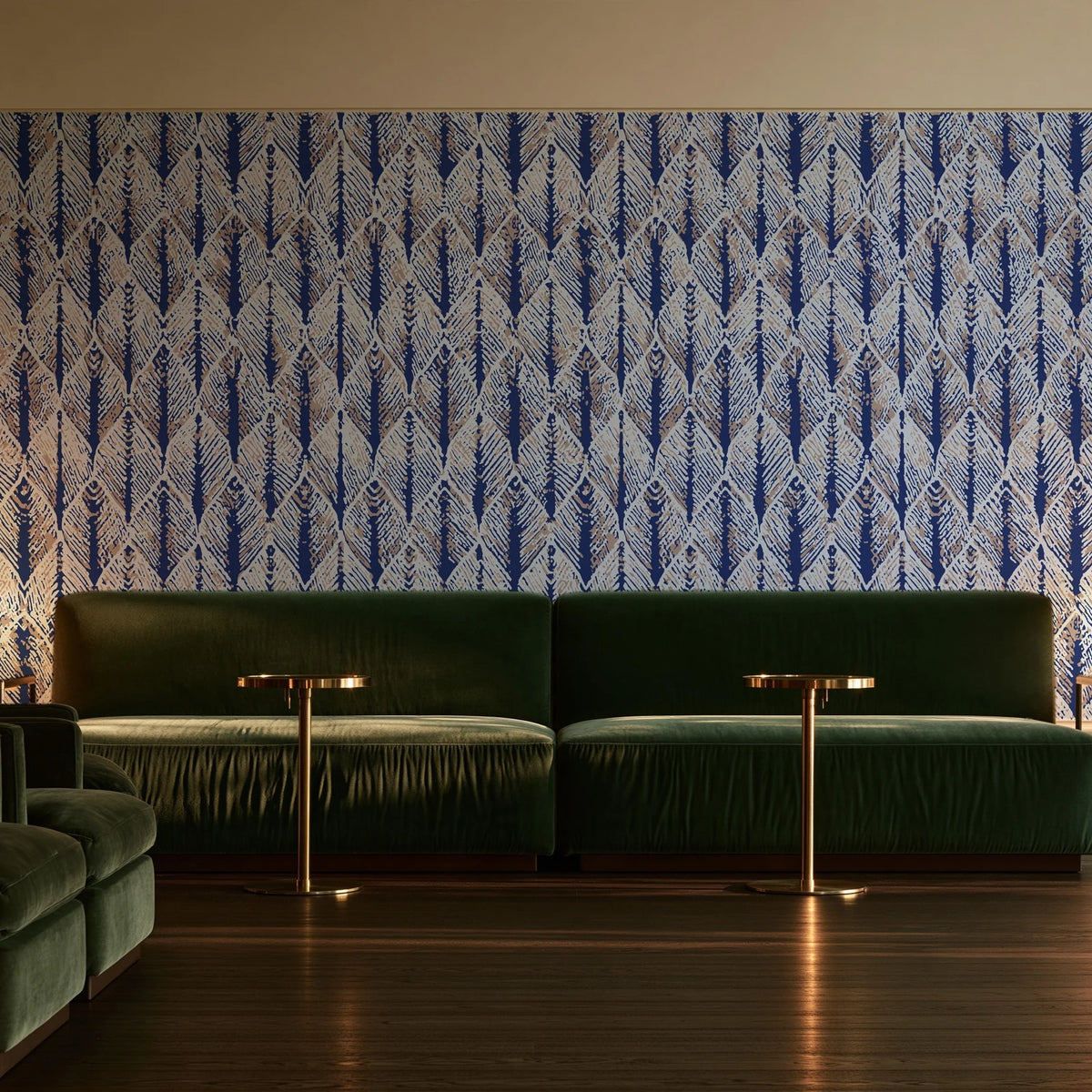 Canyon Ikat Bone geometric wallpaper in an intimate luxury cocktail lounge