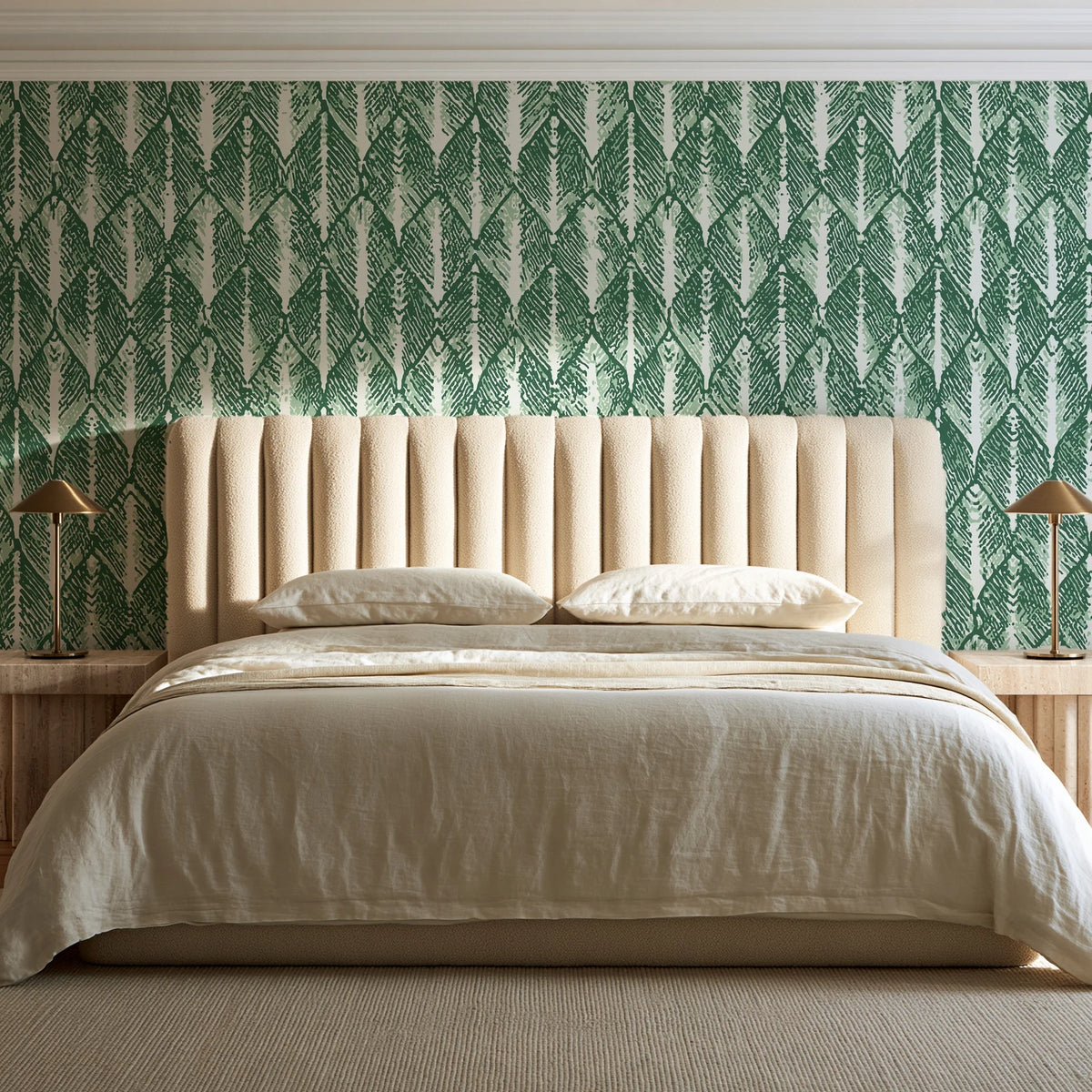 Canyon Ikat Forest geometric wallpaper behind a channel-tufted bed in a calm primary bedroom