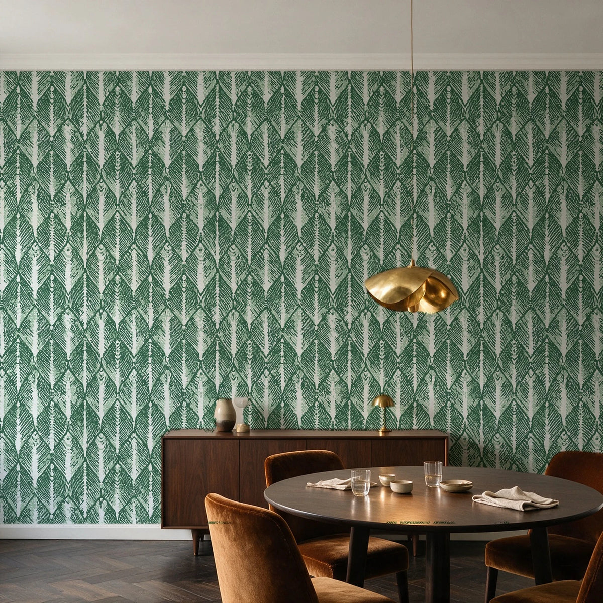 Canyon Ikat Forest geometric wallpaper in an elegant dining room