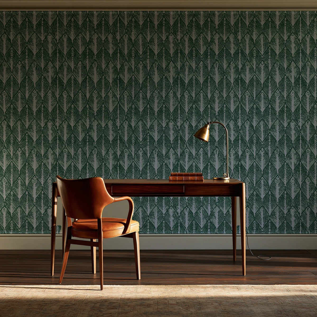 Canyon Ikat Forest geometric wallpaper as a feature wall in a home study