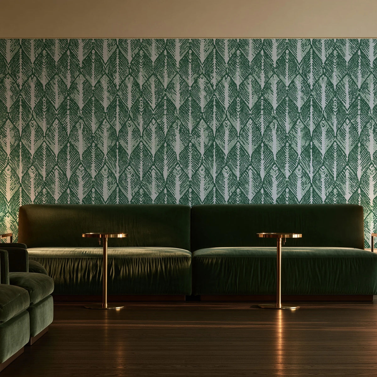 Canyon Ikat Forest geometric wallpaper in an intimate luxury cocktail lounge